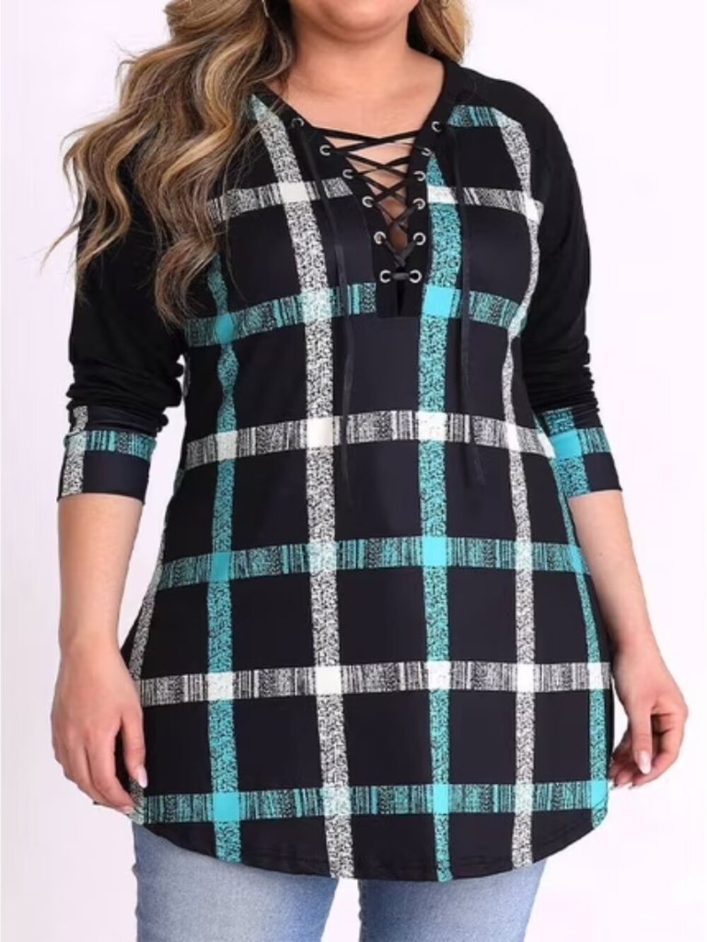 Rosegal 1X/16 Green & Black Plaid Lace Up V-Neck Long Sleeve Top (Missing Cord)